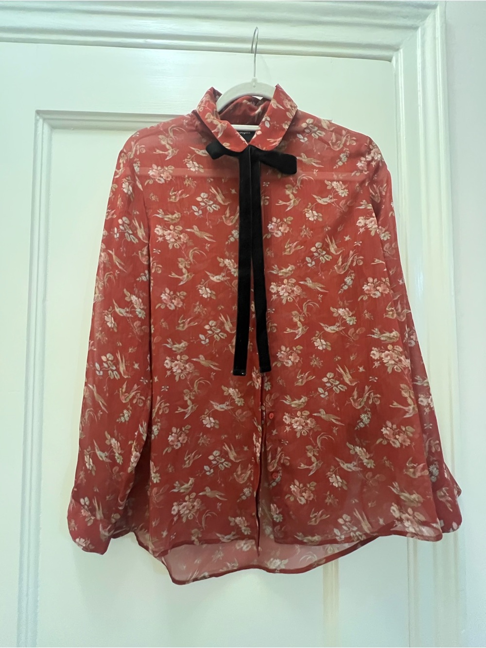 NWT The Kooples Floral Bird Print Tie Neck Blouse Size S